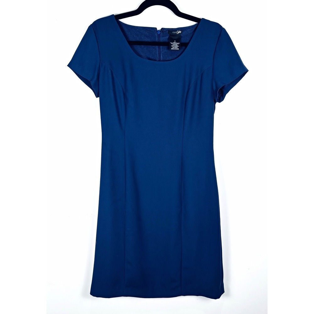 east 5th Women's Blue Solid Sheath Scoop Neck Short Sleeve Knee Dress 8